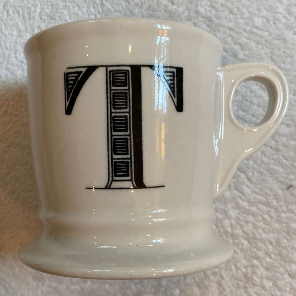 Anthropologie T initial cream stoneware coffee tea mug with black initial “T”